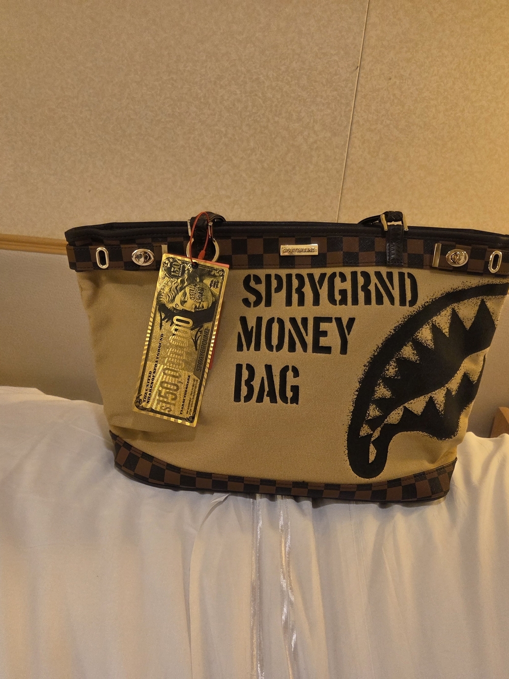 Sprayground Tan and Black 'Sprygrnd Money Bag' Shoulder Tote